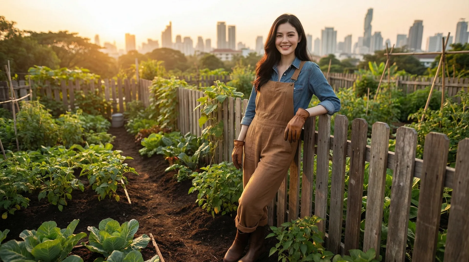 The uploaded reference character sheet shall be used for creating a person or character in this image., Modern Agricultural Influencer, with reference the Uploaded reference image Character Sheet preserving facial fidelity, 22 year old Bangkokian, light natural makeup, confident and warm expression, stylish outdoor gardening attire or smart-casual farmwear (earth tones, denim, or linen), relaxed and happy posture leaning on a wooden fence or sitting in a lush garden, surrounded by thriving plants achieved through Humus, warm sunset lighting, aspect ratio 21:9