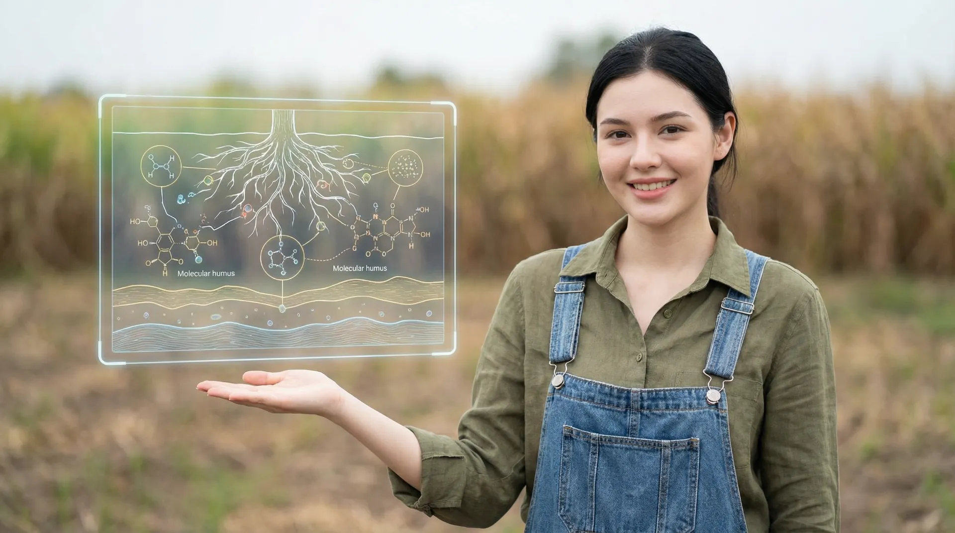 The uploaded reference character sheet shall be used for creating a person or character in this image., Modern Agricultural Influencer, with reference the Uploaded reference image Character Sheet preserving facial fidelity, 22 year old Bangkokian, light natural makeup, confident and warm expression, stylish outdoor gardening attire or smart-casual farmwear (earth tones, denim, or linen), standing next to a holographic diagram showing root systems or soil layers interacting with Humus molecules, teaching gesture, educational and clear mood, aspect ratio 21:9