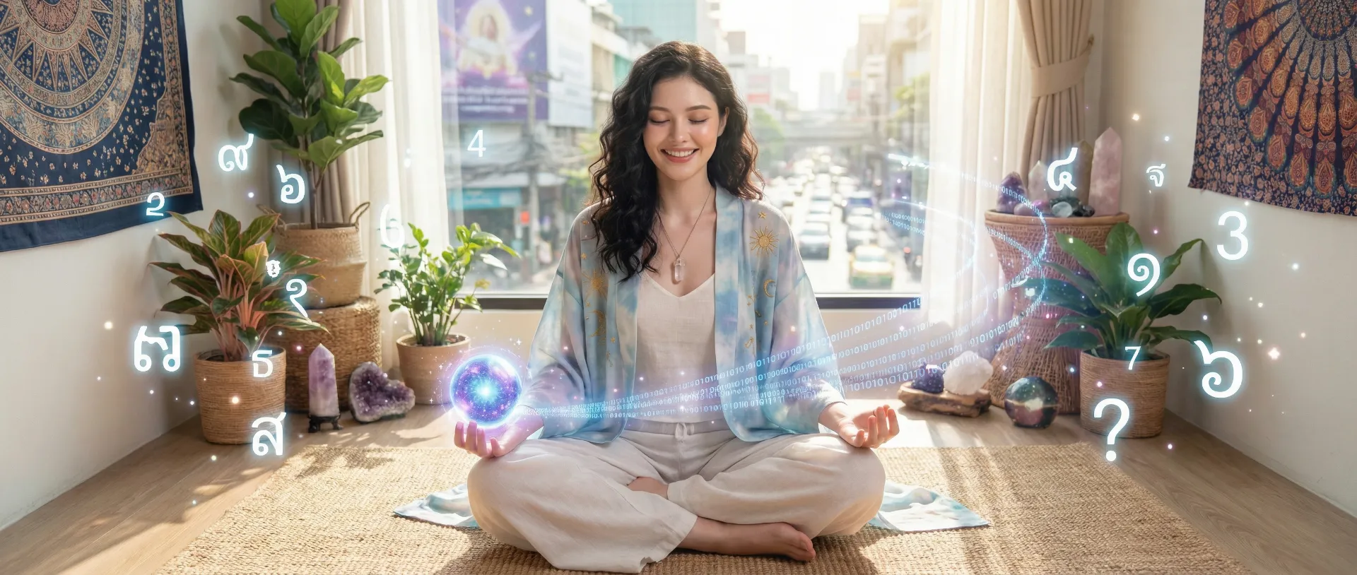 The uploaded reference character sheet shall be used for creating a person or character in this image. Modern Gen-Z Astrologer/Fortune Teller, with reference the Uploaded reference image Character Sheet preserving facial fidelity, 22 year old Bangkokian, light natural makeup, confident and warm expression, stylish boho-chic or smart-casual mystic attire (pastels, white, or celestial patterns), wearing a small crystal pendant, smiling warmly with eyes closed in a meditation pose or holding a glowing light orb representing hope with binary code and stars swirling, surrounded by Thai Mobile Numerology symbolism, ethereal and dreamy lighting, aspect ratio 21:9