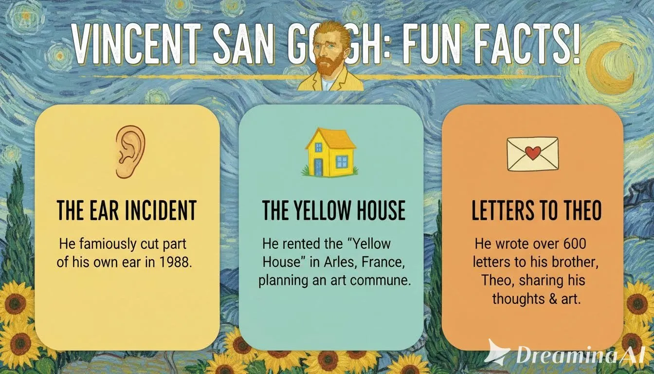 High-quality educational infographic, vintage textbook or museum display aesthetic, parchment or clean paper texture, classic typography, muted historical color palette, a visual list of 'Fun Facts' about Vincent Van Gogh, showing icons of an ear, a yellow house, and letters, engaging and easy to read layout, aspect ratio 21:9