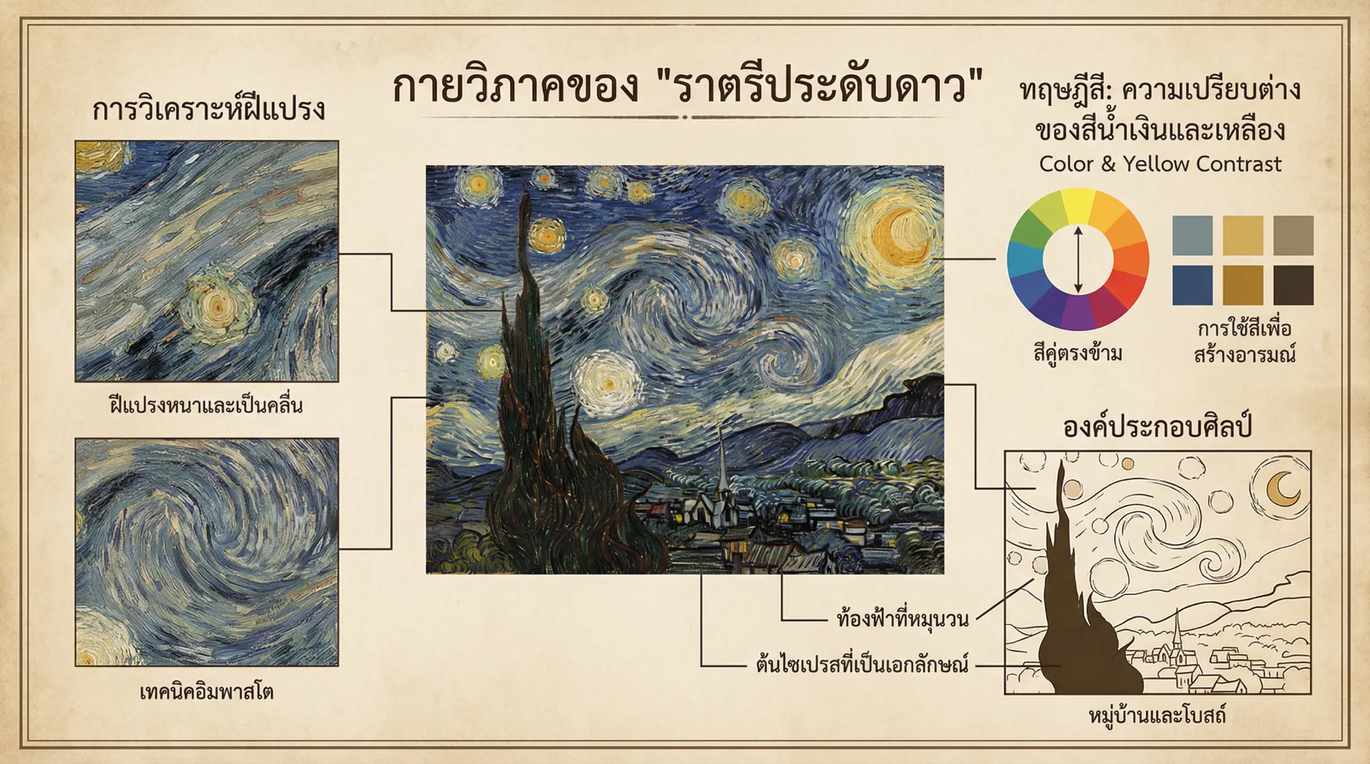 High-quality educational infographic, vintage textbook or museum display aesthetic, parchment or clean paper texture, classic typography, muted historical color palette, an anatomical breakdown of 'The Starry Night' artwork, analyzing brush strokes, color theory (Blue & Yellow contrast), and composition, detailed labels and lines pointing to key features, aspect ratio 21:9