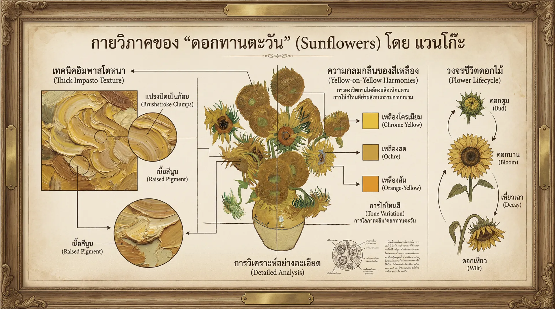 Van Gogh, educational infographic เป็นภาษาไทย, vintage textbook aesthetic, museum display style, aged parchment texture, detailed analysis of thick impasto texture, yellow-on-yellow color harmonies, flower lifecycle from bud to wilt, intricate diagrammatic lines, elegant classic typography