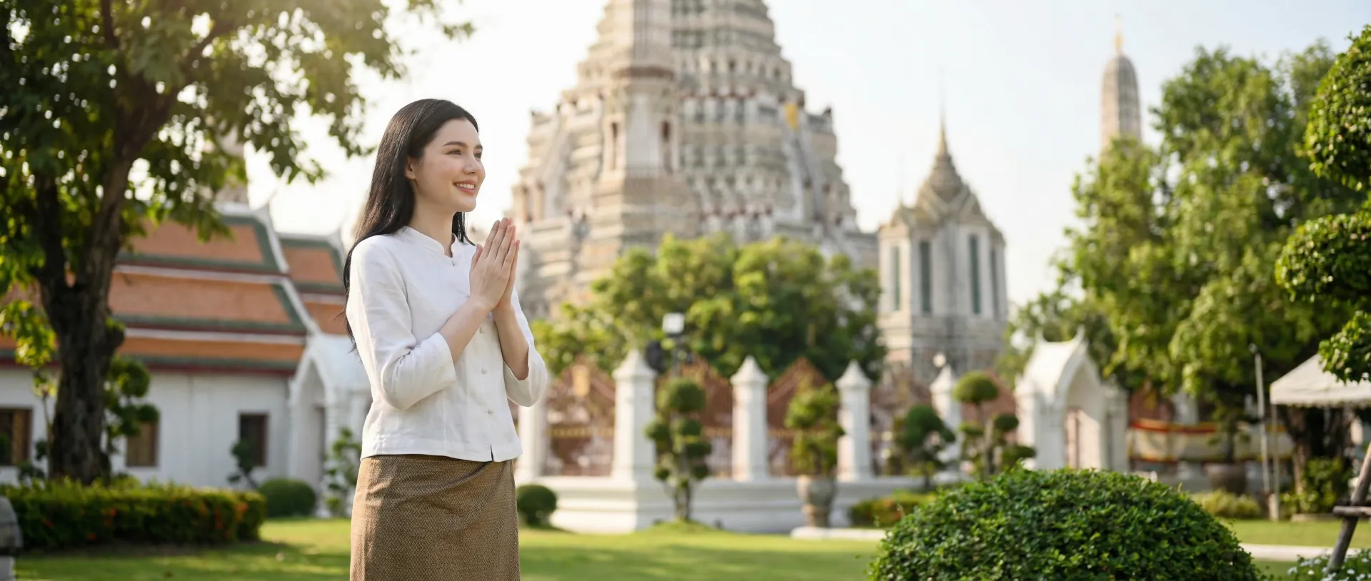 The uploaded reference character sheet shall be used for creating a person or character in this image., Dharma lifestyle blogger, with reference the Uploaded reference image Character Sheet preserving facial fidelity, 25-35 year old Bangkokian, modest and polite attire (white or earth tones), serene and kind expression, neat styling, putting palms together in 'Wai' gesture or smiling warmly, radiating Metta, wearing modest clothing, friendly and encouraging mood, natural outdoor or temple lighting, aspirational atmosphere, aspect ratio 21:9