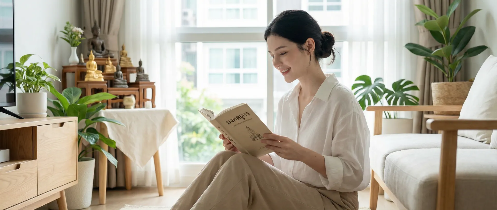 The uploaded reference character sheet shall be used for creating a person or character in this image., Dharma lifestyle blogger, with reference the Uploaded reference image Character Sheet preserving facial fidelity, 25-35 year old Bangkokian, modest and polite attire (white or earth tones), serene and kind expression, neat styling, with a gentle smile holding a book or sitting peacefully, relating to Mangala Sutta Stanza 1, in a calm living room or nature setting, inspiring and peaceful mood, soft natural lighting, aspect ratio 21:9
