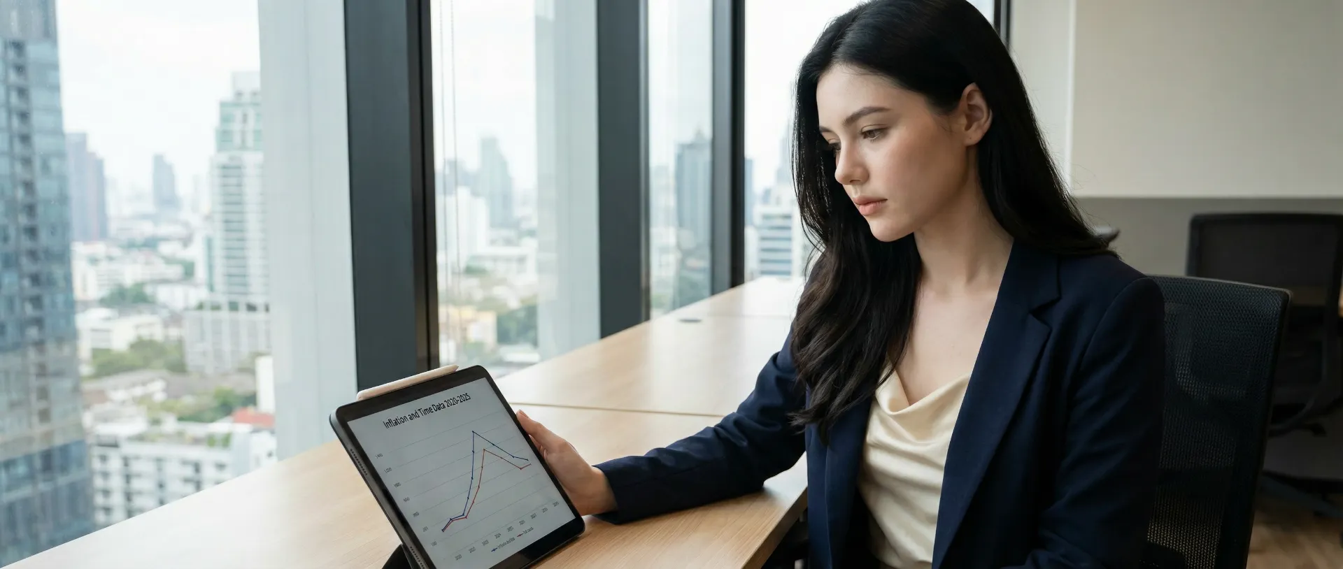 The uploaded reference character sheet shall be used for creating a person or character in this image., Financial influencer, with reference the Uploaded reference image Character Sheet preserving facial fidelity, 22 year old Bangkokian, natural makeup, confident and smart expression, smart-casual business styling, sitting at a clean desk studying a document or tablet displaying Inflation and Time data, thoughtful and analytical expression, modern office background, aspect ratio 21:9