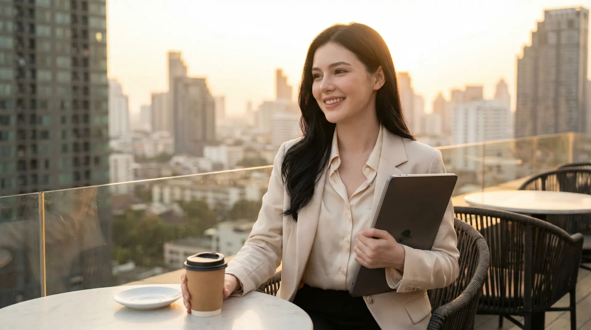 The uploaded reference character sheet shall be used for creating a person or character in this image., Financial influencer, with reference the Uploaded reference image Character Sheet preserving facial fidelity, 22 year old Bangkokian, natural makeup, confident and smart expression, smart-casual business styling, relaxed and happy posture with a laptop closed, enjoying a coffee, symbolizing financial freedom or success achieved through smart planning, warm sunset lighting, aspect ratio 21:9