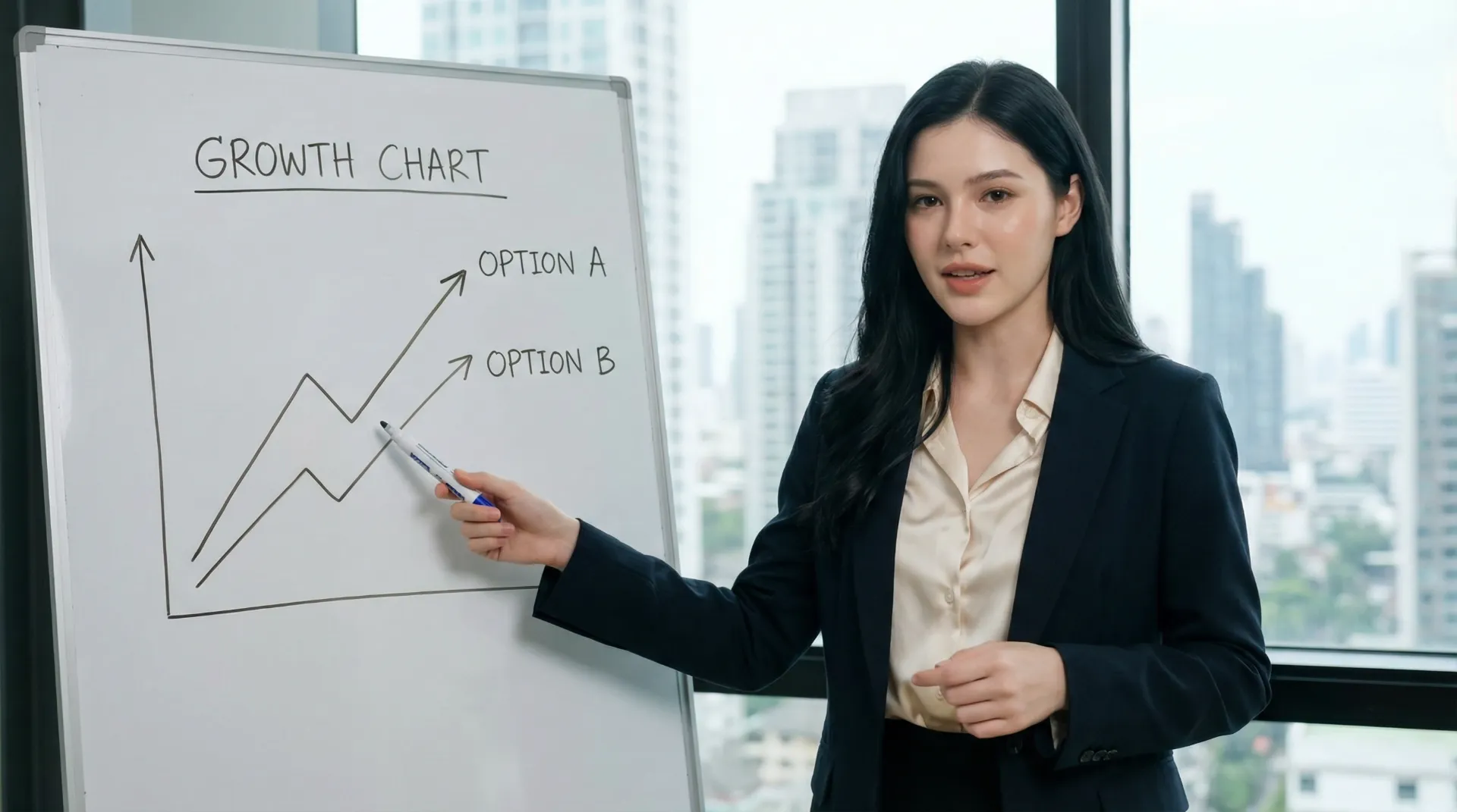 The uploaded reference character sheet shall be used for creating a person or character in this image., Financial influencer, with reference the Uploaded reference image Character Sheet preserving facial fidelity, 22 year old Bangkokian, natural makeup, confident and smart expression, smart-casual business styling, presenting a whiteboard or screen with a simplified 'Growth Chart' pointing upwards comparing Option A and B, teaching gesture, educational and clear mood, aspect ratio 21:9