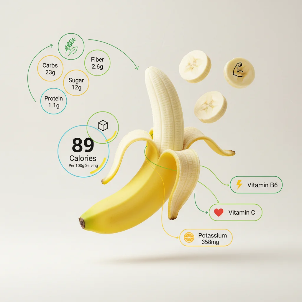 Banana Neutrition Fact - An infographic style illustration. A banana in the center, labeled with nutritional stats (105 kcal, Potassium, Vit B6, Vit C) popping out in bubbles or lines. Style: Clean, modern, medical/nutritional graphic style