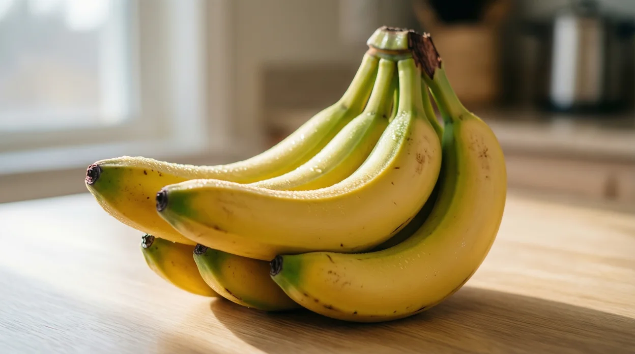 [Image Prompt:{'Description':'A close-up, high-quality shot of a bunch of fresh bananas on a rustic wooden table with soft morning sunlight hitting them. The background is slightly blurred to focus on the freshness of the fruit'}, {'Mood': 'Fresh, Organic, Welcoming.'}]
