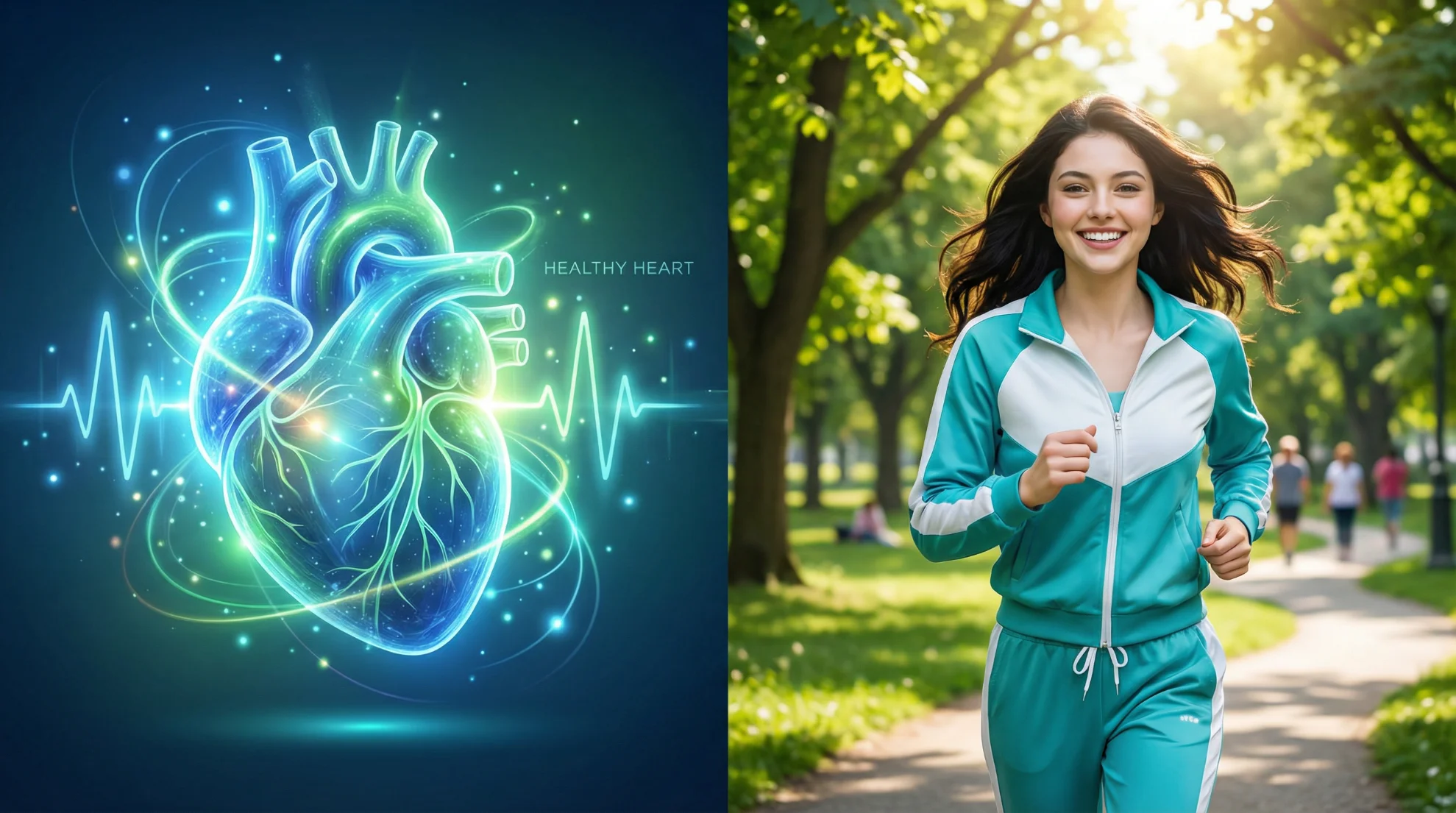 A split screen image. Left side: Abstract representation of a healthy heart. Right side: A happy person jogging in a park. Mood:Active, Healthy, Energetic.