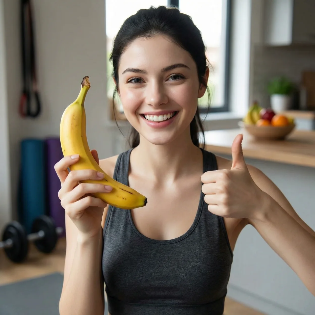 A person holding a banana with a smile, giving a thumbs up, with a blurred background of a kitchen or gym. Mood:Positive, Encouraging, Success in health goals.