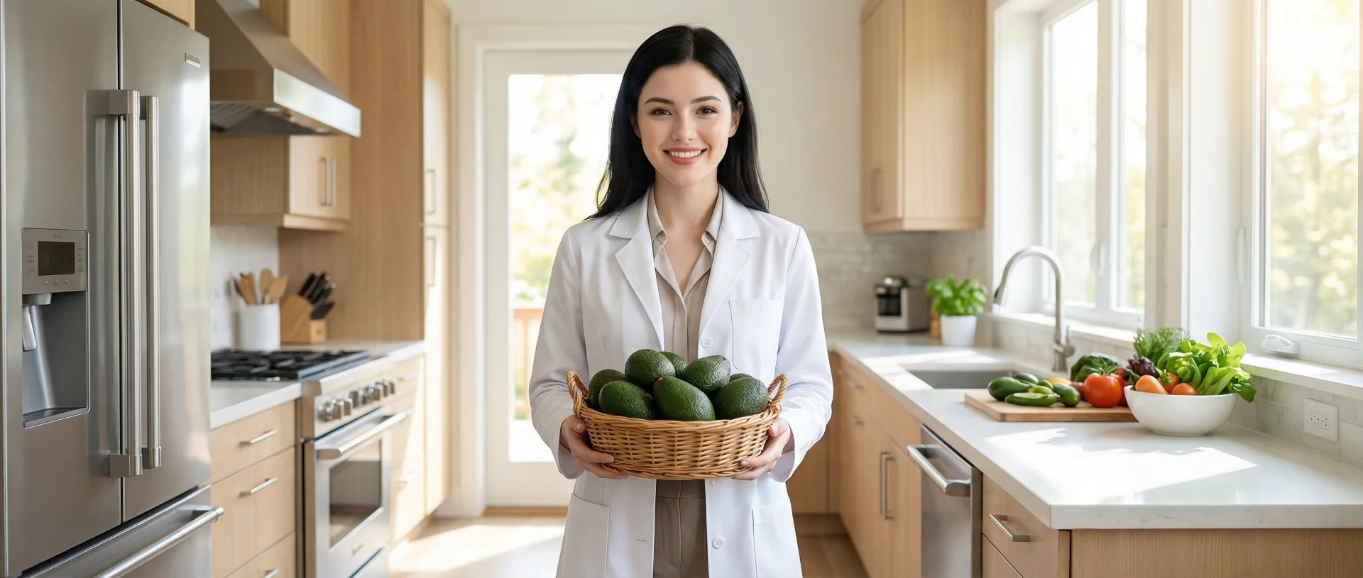[prompt:{description:'Professional female nutritionist, Asian descent, mid-30s, wearing a white lab coat, standing in a bright modern kitchen holding a basket of fresh avocados, smiling warmly at the camera', mood:'welcoming and professional', aspect ratio:21/9}]