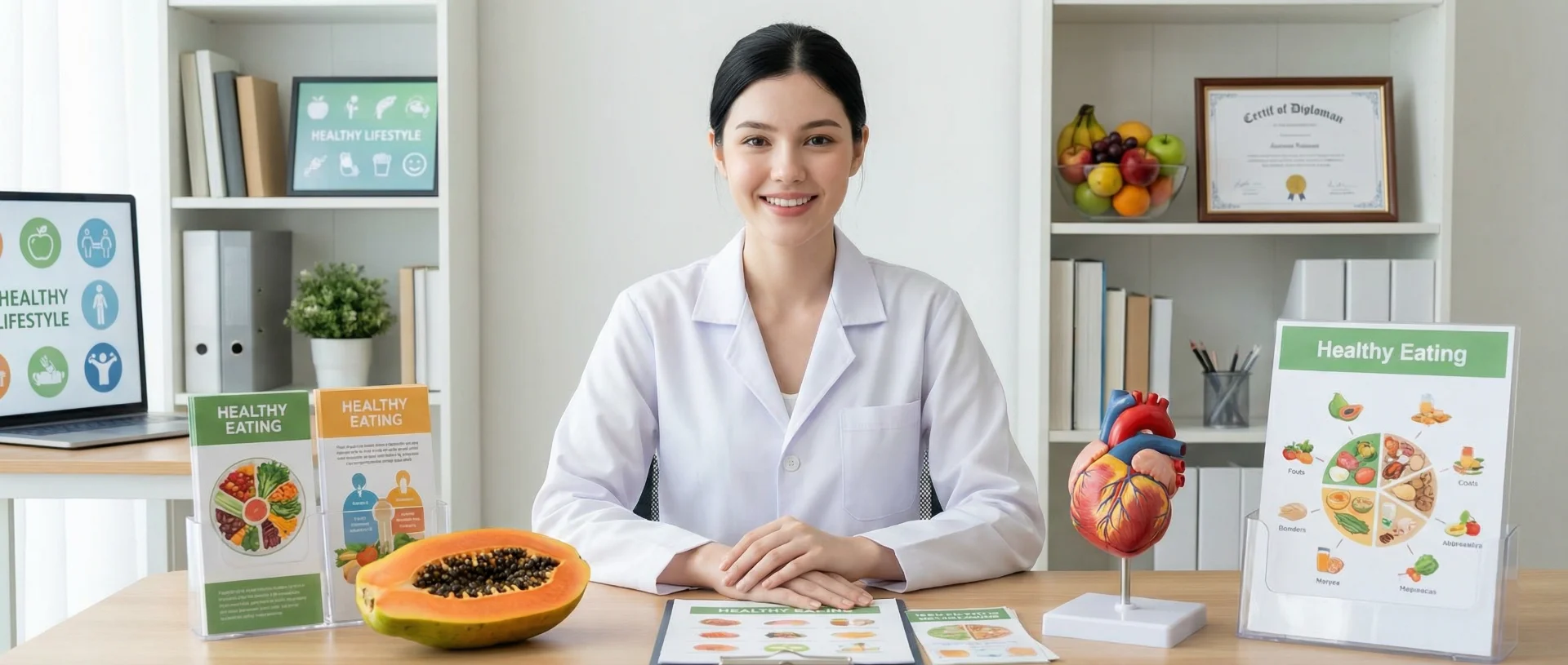 The uploaded reference character sheet shall be used for creating a person or character in this image. Young nutritionist, with reference the Uploaded reference image Character Sheet preserving facial fidelity, 22 year old, wearing a white lab coat, minimal makeup, friendly expression, hair tied back, sitting at a desk with a fresh Papaya and healthy lifestyle icons (heart model, weight scale) in background, inspiring and professional mood