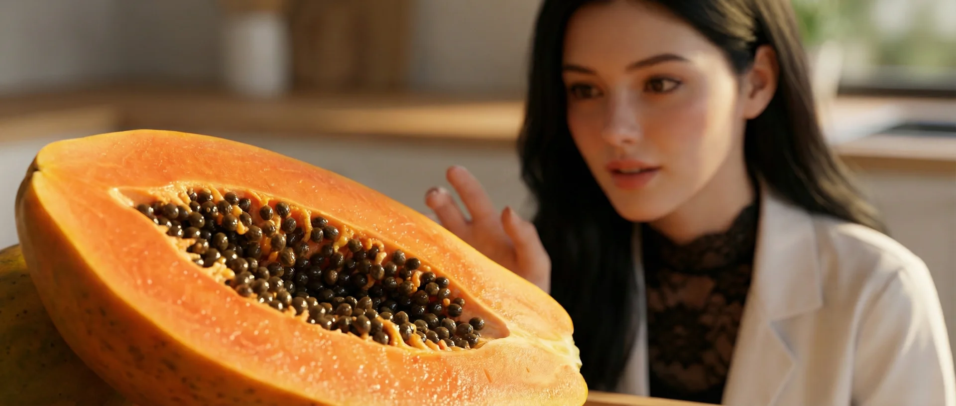 The uploaded reference character sheet shall be used for creating a person or character in this image. Close up photorealistic shot of Papaya texture and seeds with artistic lighting, Young nutritionist (Master Character) looking at it with interest in background (blurred), depth of field focus on the fruit