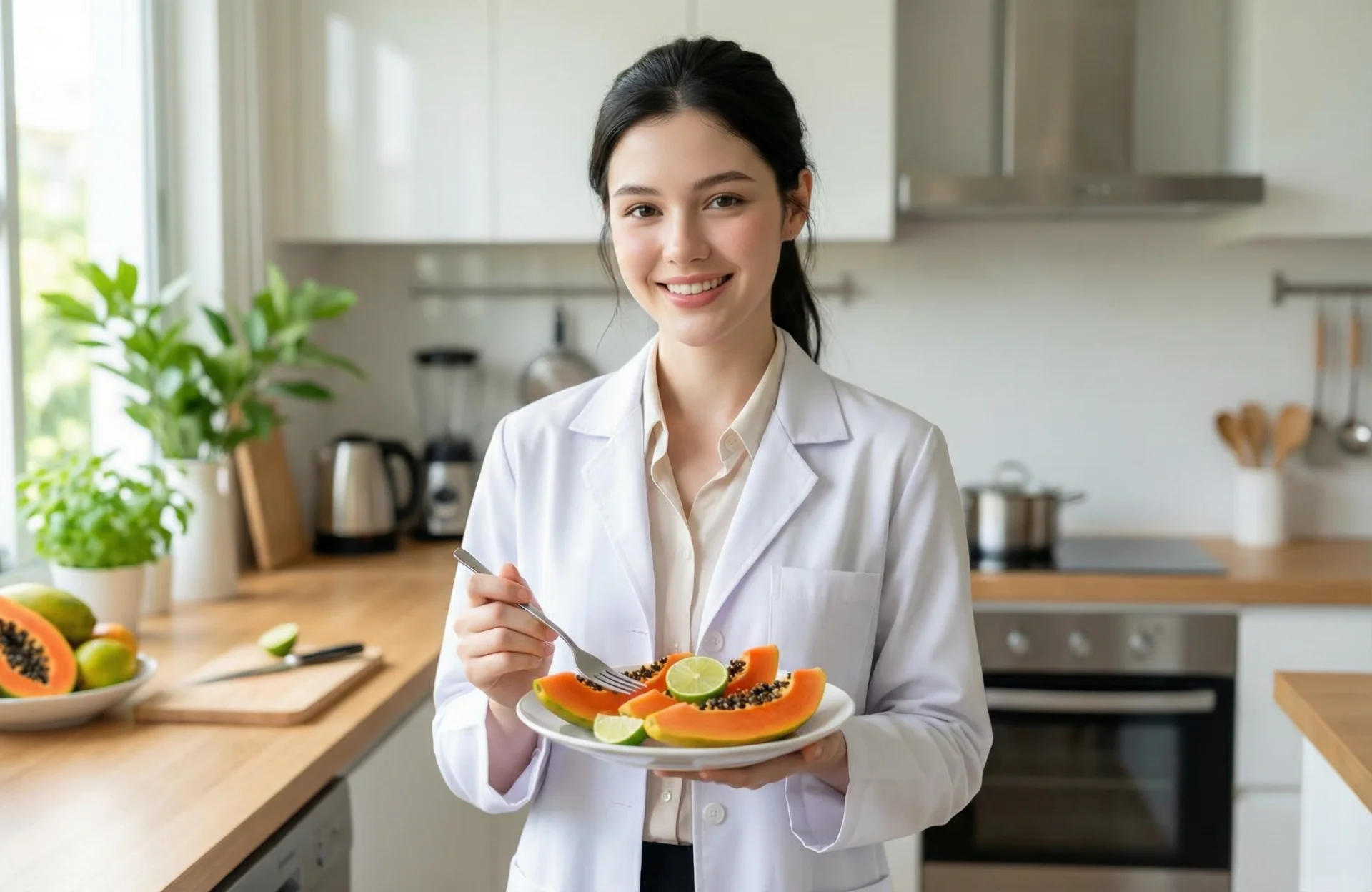 The uploaded reference character sheet shall be used for creating a person or character in this image. Young nutritionist, with reference the Uploaded reference image Character Sheet preserving facial fidelity, 22 year old, wearing a white lab coat, minimal makeup, friendly expression, hair tied back, holding a plate of fresh sliced papaya, standing in a modern kitchen with morning sunlight, welcoming and fresh mood