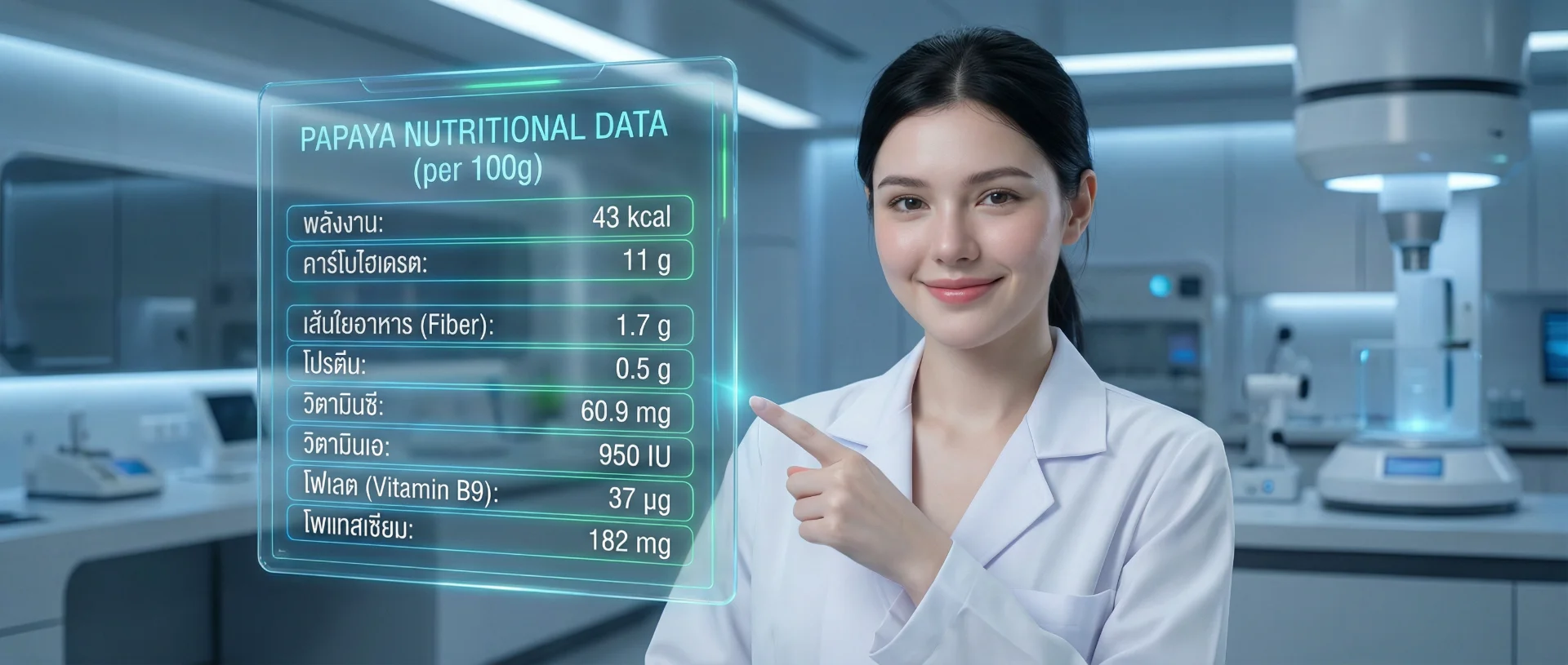 The uploaded reference character sheet shall be used for creating a person or character in this image. Young nutritionist, with reference the Uploaded reference image Character Sheet preserving facial fidelity, 22 year old, wearing a white lab coat, minimal makeup, friendly expression, hair tied back, pointing to a holographic glass chart floating in air showing nutritional data of Papaya (Vit C, Fiber, Calories), based on 100g weight, educational and futuristic mood