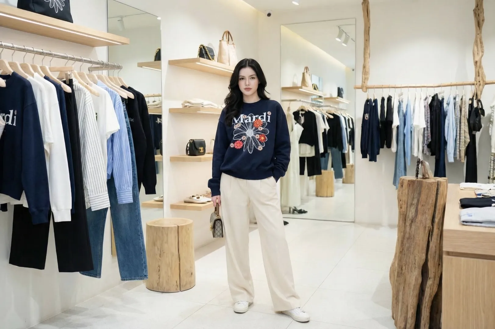 The uploaded reference character sheet shall be used for creating a person or character in this image., Thai fashion blogger and stylist, with reference to the Uploaded reference image Character Sheet preserving facial fidelity, 25 year old, stylish and trendy outfit matching the article theme, natural makeup, confident expression, fashionable hair styling, showcasing signature pieces from Mardi Mercredi like the Flowermardi sweater, displaying key design elements, in a bright boutique or studio setting, detailed product focus, elegant mood, aspect ratio 21:9