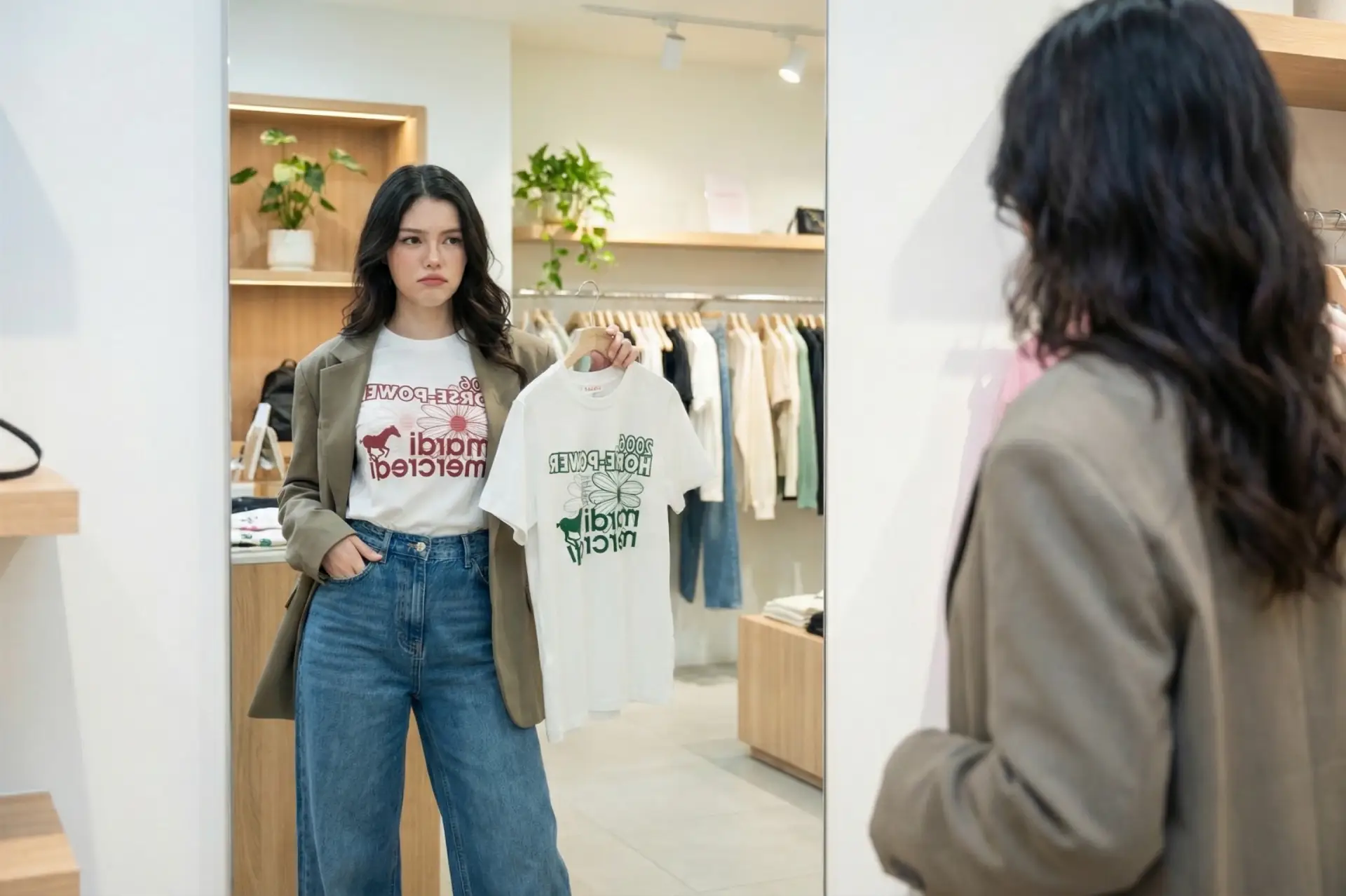 The uploaded reference character sheet shall be used for creating a person or character in this image., Thai fashion blogger and stylist, with reference to the Uploaded reference image Character Sheet preserving facial fidelity, 25 year old, stylish and trendy outfit matching the article theme, natural makeup, confident expression, fashionable hair styling, in a shopping scenario trying on Mardi Mercredi items, in a boutique or store setting, thoughtful and evaluating expression, bright retail lighting, aspect ratio 21:9