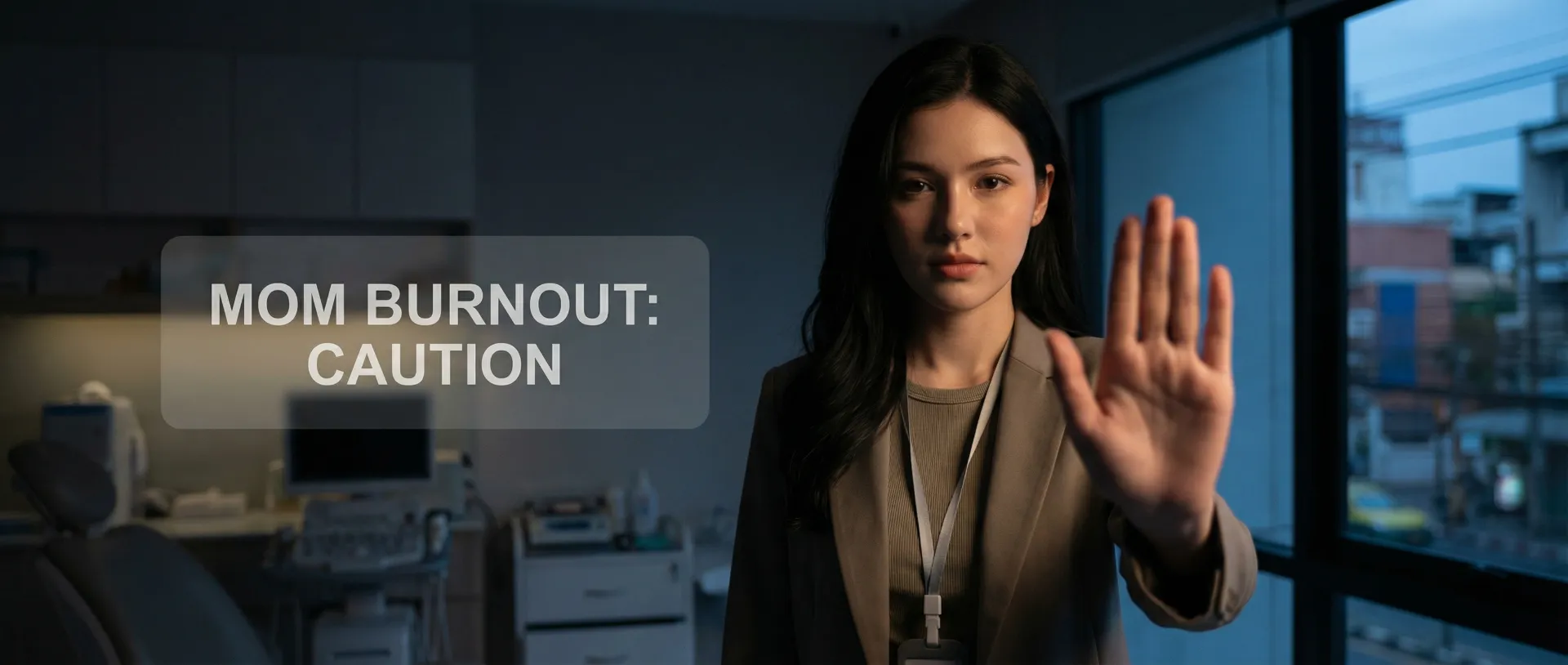 The uploaded reference character sheet shall be used for creating a person or character in this image, Modern Gen-Y Mom & Child Specialist, with reference the Uploaded reference image Character Sheet preserving facial fidelity, 30 year old Bangkokian, looking slightly serious or protective holding a hand up in a 'stop' or 'caution' gesture, conveying care and guidance on mom burnout, slightly dimmer or dramatic lighting, aspect ratio 21:9