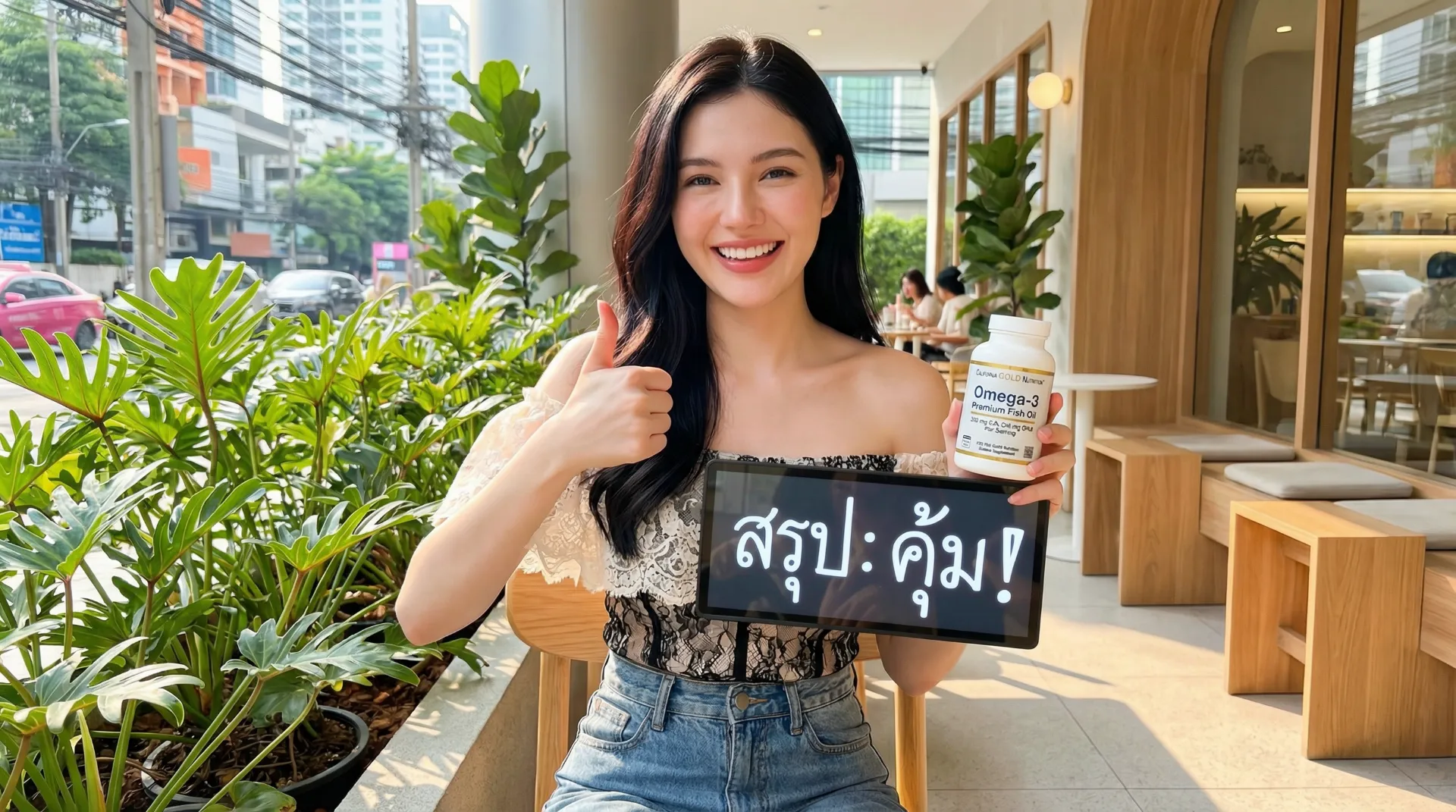 The uploaded reference character sheet shall be used for creating a person or character in this image, Modern Gen-Z Lifestyle Reviewer & Smart Shopper, with reference the Uploaded reference image Character Sheet preserving facial fidelity, 22 year old Bangkokian, smiling confidently giving a 'Thumbs Up' holding a shopping bag, with a sign saying 'สรุป: คุ้ม!' (Verdict: Worth it!) in Thai, bright and happy mood, aspect ratio 21:9