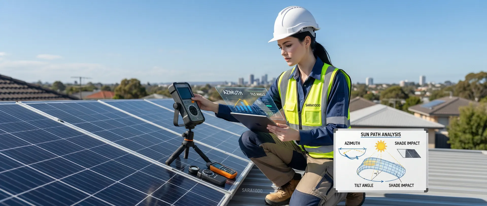 High-quality editorial photography for Thai technology blog, Engineer checking solar panel orientation and shading on a roof, educational context showing evaluation factors, professional equipment, neutral setting with clear sky, informative atmosphere, brand-neutral educational focus