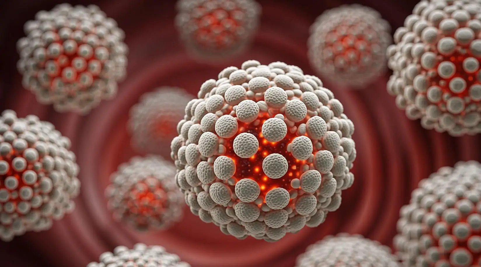 A cluster of white Calcium Phosphate nanoparticles floating in a biological space. The particles have a hard, protective mineral outer shell (like tooth enamel texture), but the core of each particle glows with a warm, vibrant red light, representing the powerful plasmid inside. The particles are flowing through a bloodstream, signaling systemic rejuvenation. Elegant, futuristic, medical technology, photorealistic